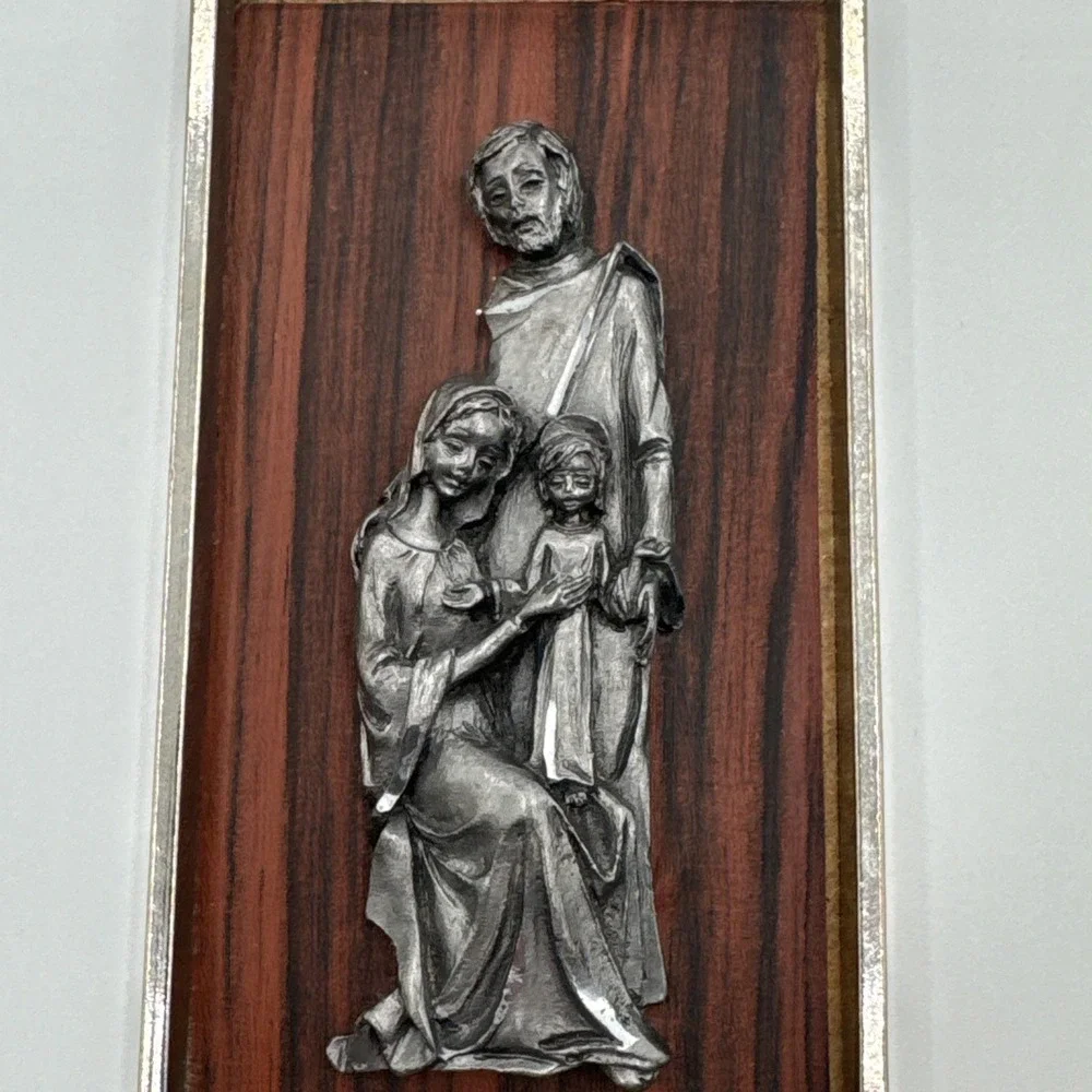 Vintage Italian PELTRY Holy Family Plaque Pewter Wood MCM Wall Art Italy